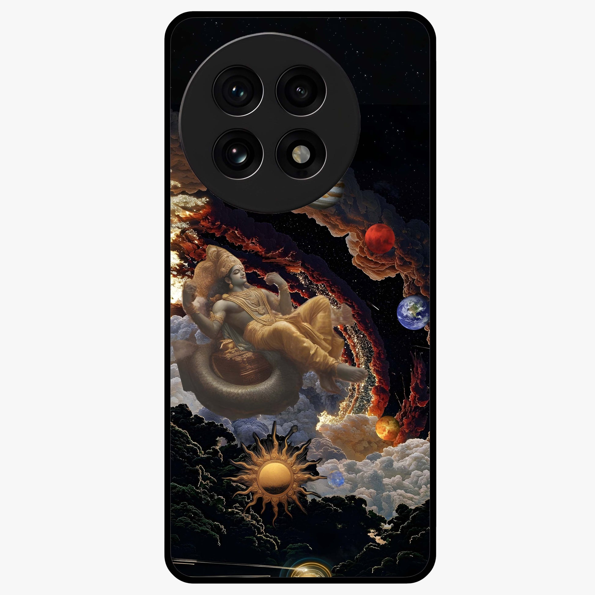 Galactic Divine God Glass Case for 1+13R powerful front view featuring divine artwork blended with cosmic background