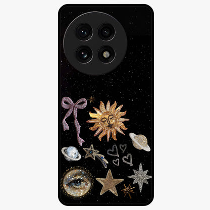 Galactic Sun Charm Glass Case for 1+13R radiant front view featuring celestial sun artwork with cosmic accents