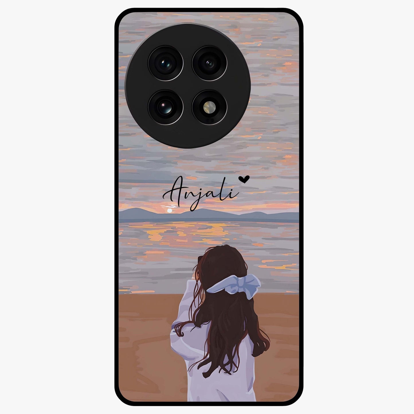Girl Facing Sunset Beach Glass Case for 1+13R scenic front view featuring silhouette artwork against glowing sunset sky