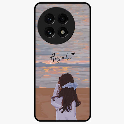 Girl Facing Sunset Beach Glass Case for 1+13R scenic front view featuring silhouette artwork against glowing sunset sky