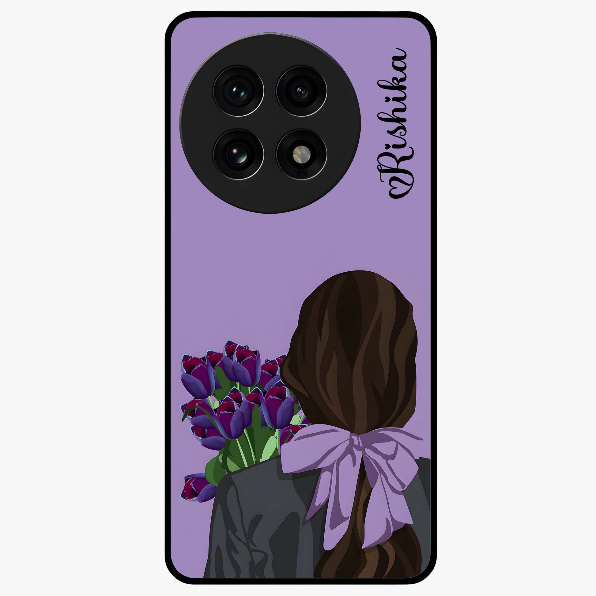 Girl Holding Flowers Glass Case for 1+13R aesthetic front view featuring soft illustrated character with floral bouquet