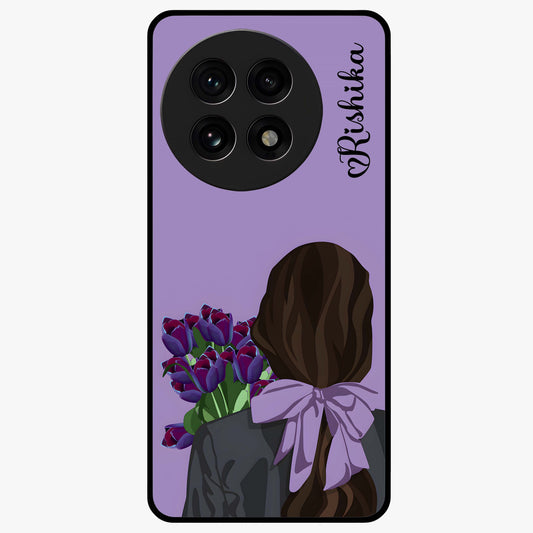 Girl Holding Flowers Glass Case for 1+13R aesthetic front view featuring soft illustrated character with floral bouquet