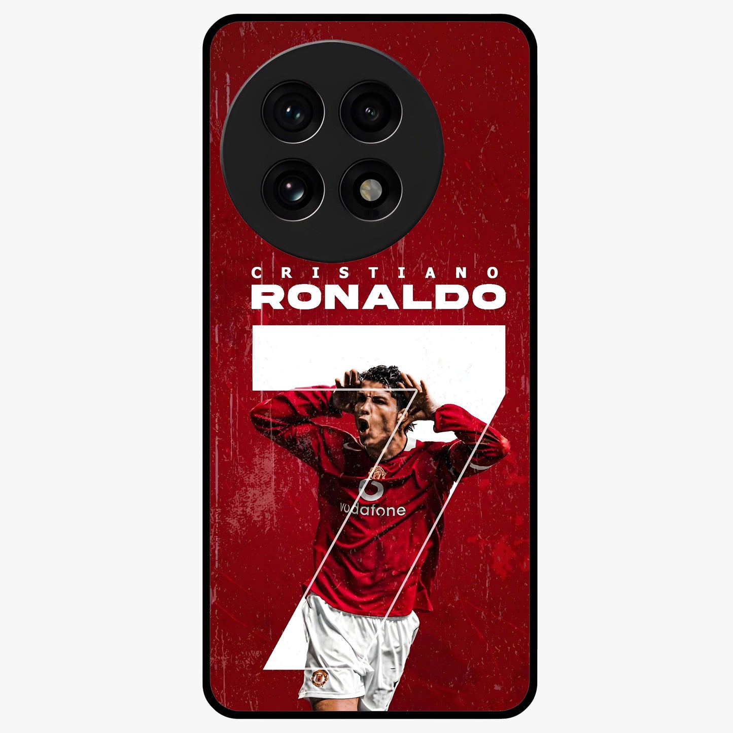 Goal Celebration Legacy Glass Case for 1+13R energetic front view featuring sports inspired celebration artwork