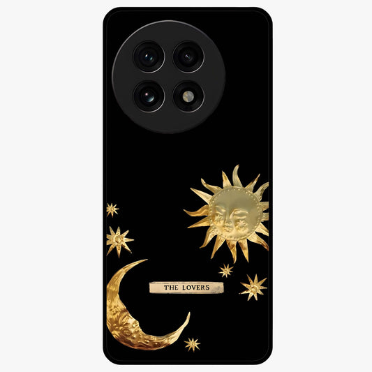 Golden Crescent Mood Glass Case for 1+13R artistic front view featuring crescent moon artwork in warm golden tones