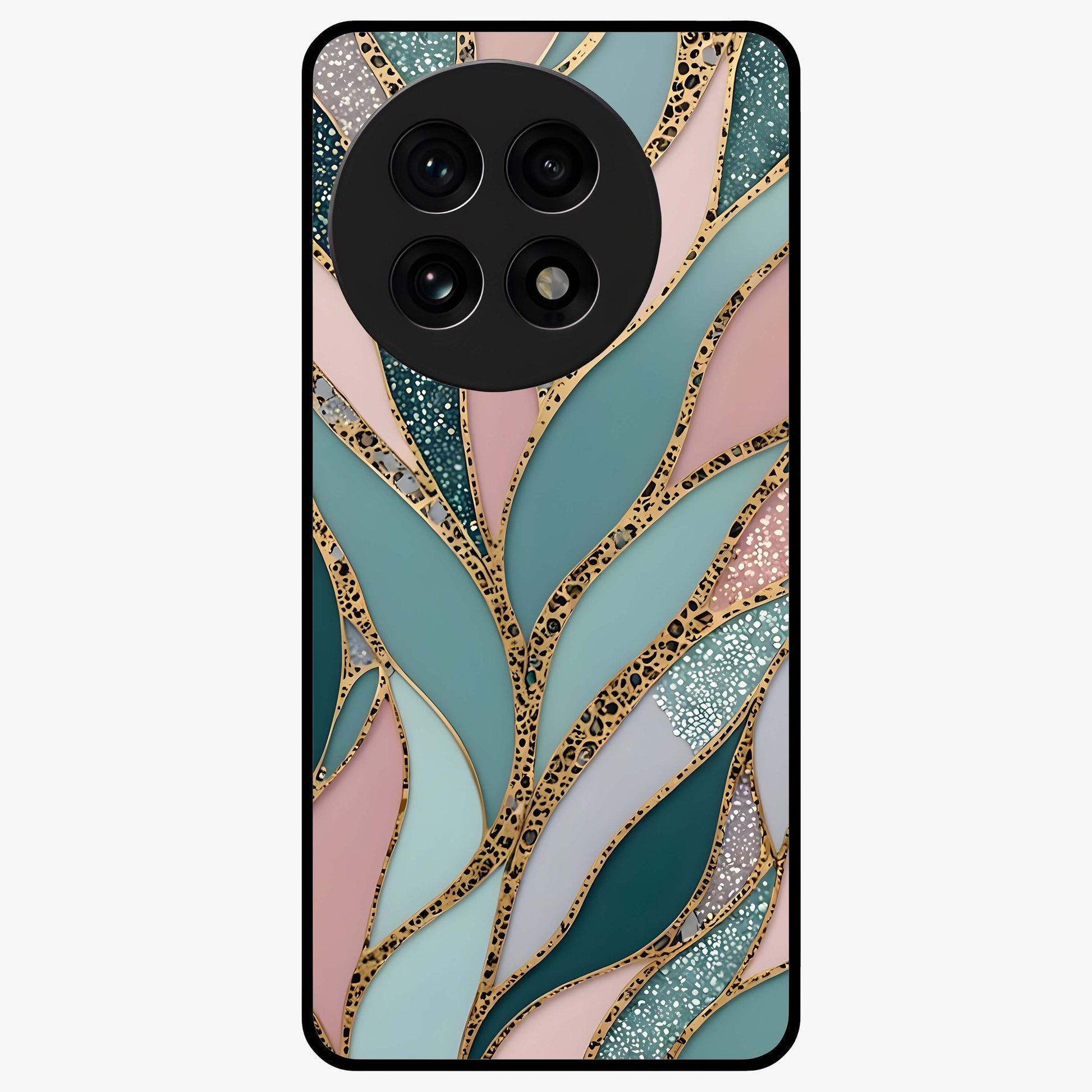 Golden Lotus Glow Glass Case for 1+13R serene front view featuring radiant lotus artwork in golden hues