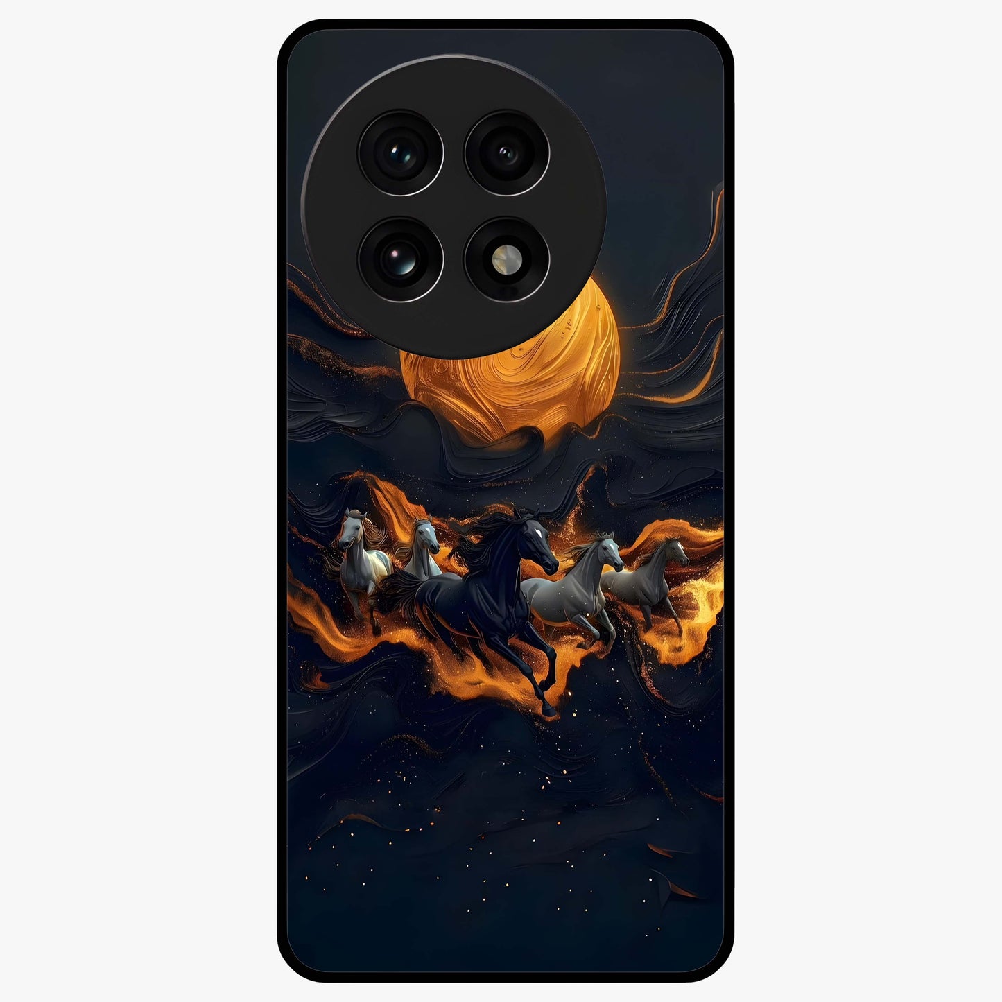 Golden Sun Majesty Glass Case for 1+13R radiant front view featuring majestic sun artwork in golden hues