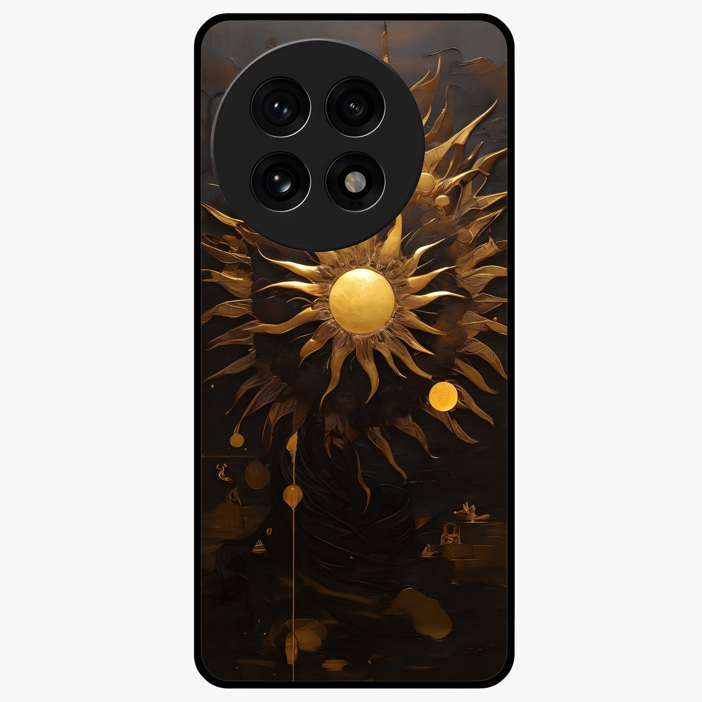 Golden Sun Minimalism Glass Case for 1+13R clean front view featuring minimalist golden sun artwork