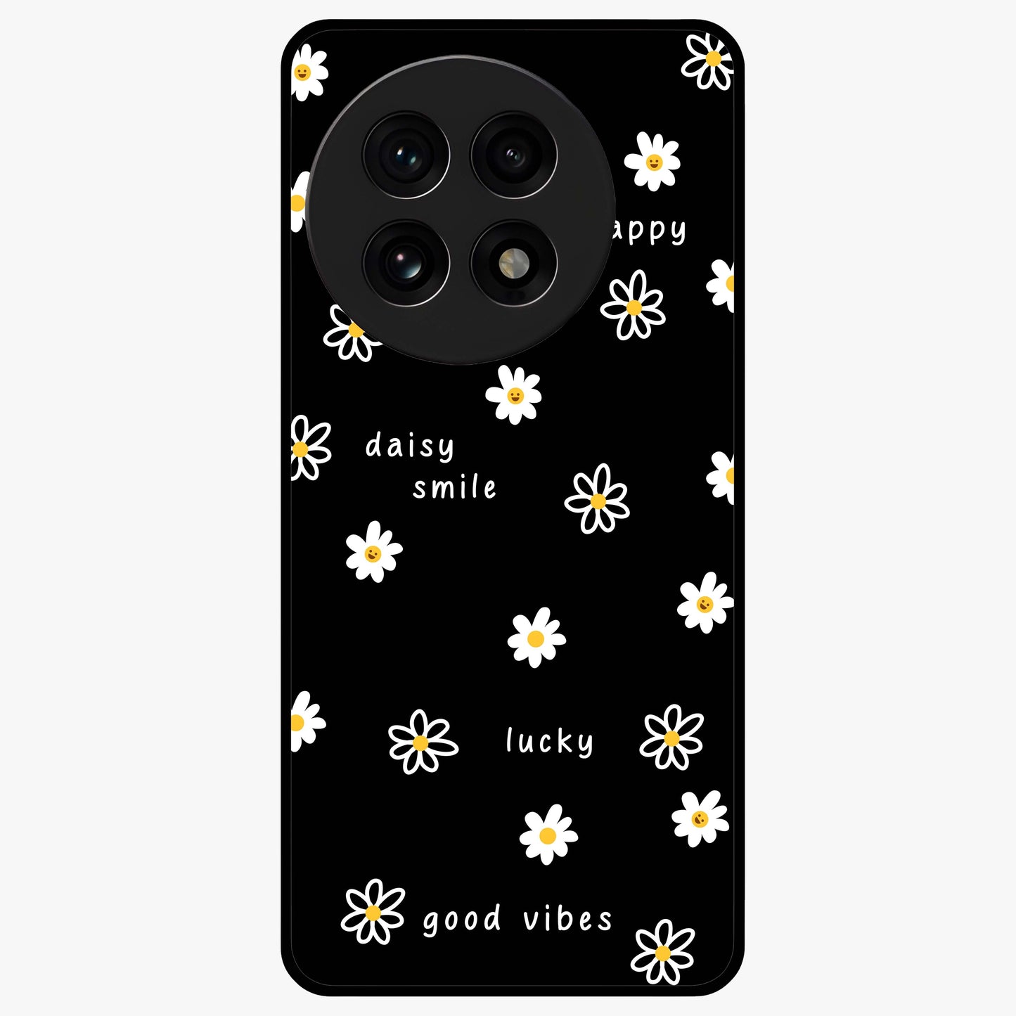 Good Vibes Daisy Black Pattern Glass Case for 1+13R stylish front view featuring white daisy artwork on black background