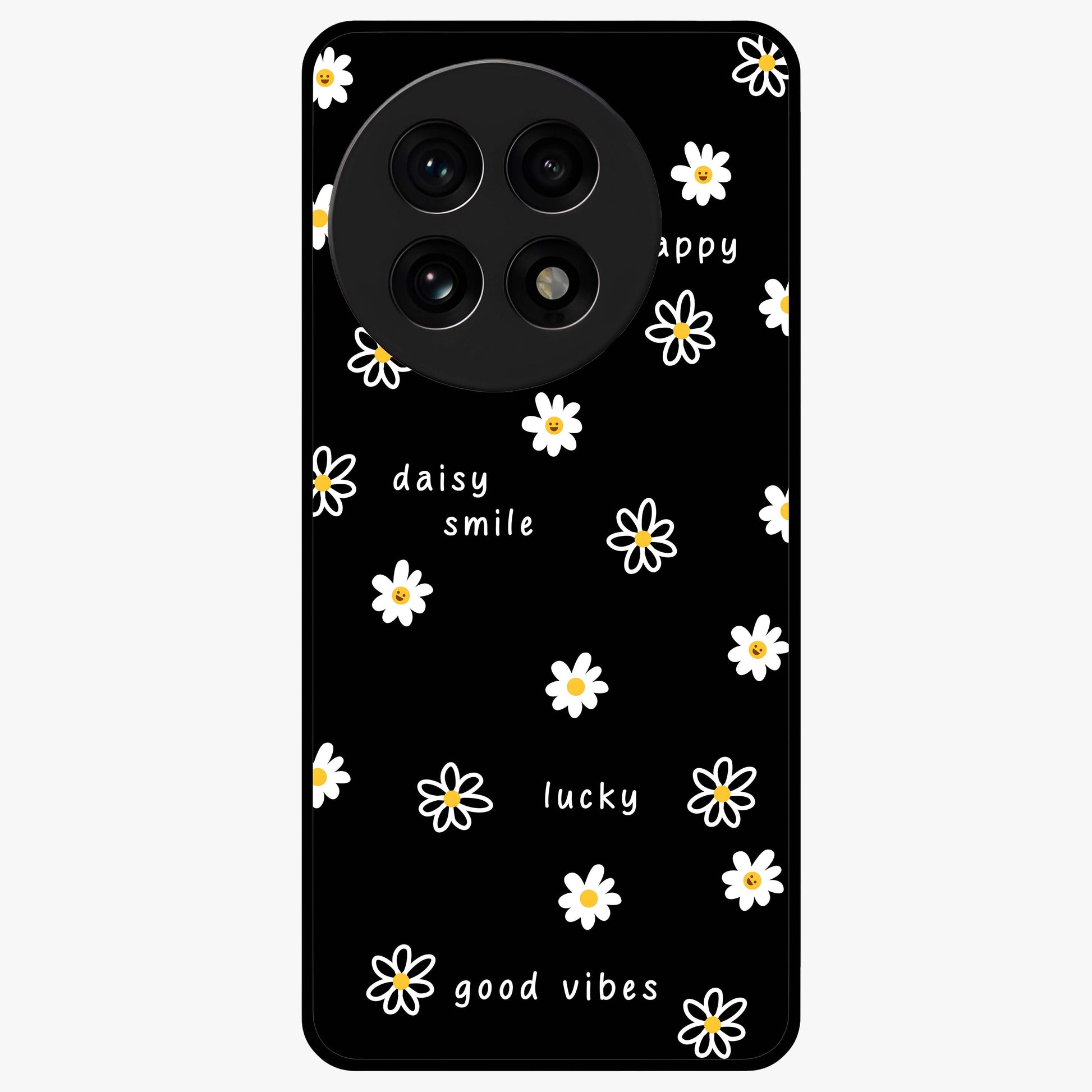 Good Vibes Daisy Black Pattern Glass Case for 1+13R stylish front view featuring white daisy artwork on black background