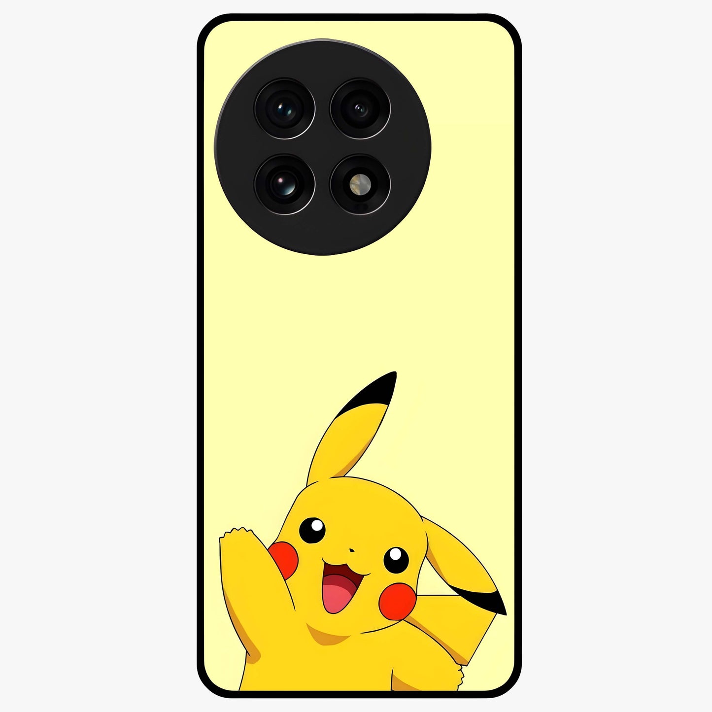 Happy Electric Pikachu Glass Case for 1+13R energetic front view featuring electric themed cartoon artwork