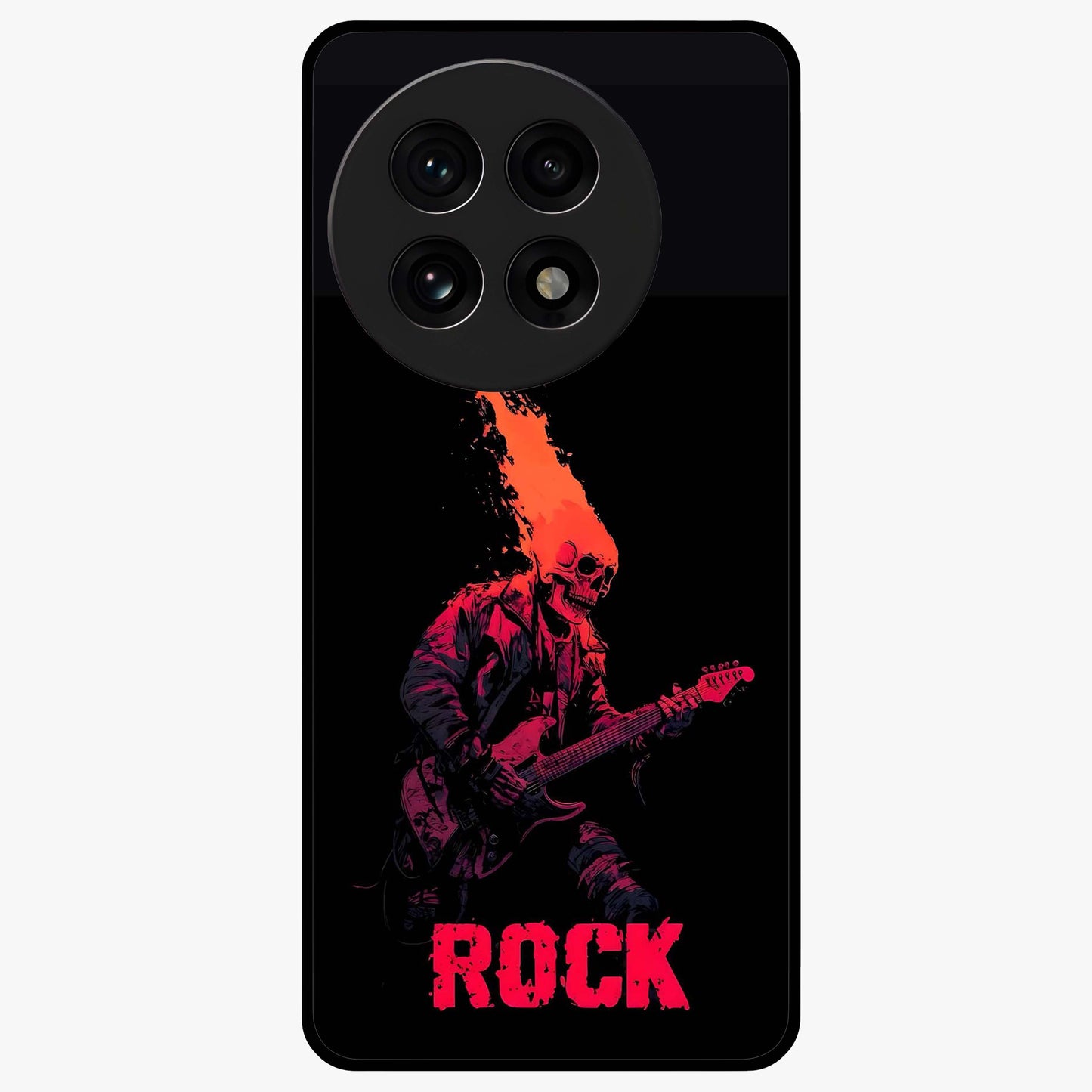 Hellfire Rock Anthem Glass Case for 1+13R showing full back design in clean flat view with fiery rock-inspired artwork and glossy glass finish.