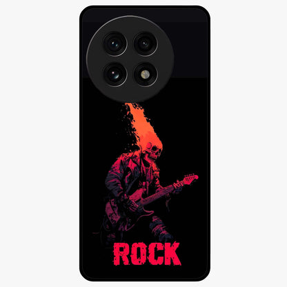 Hellfire Rock Anthem Glass Case for 1+13R showing full back design in clean flat view with fiery rock-inspired artwork and glossy glass finish.
