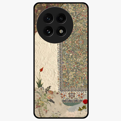 Heritage Textile Layers Glass Case for 1+13R showing full back design in clean flat view with layered textile-inspired artwork and glossy glass finish.