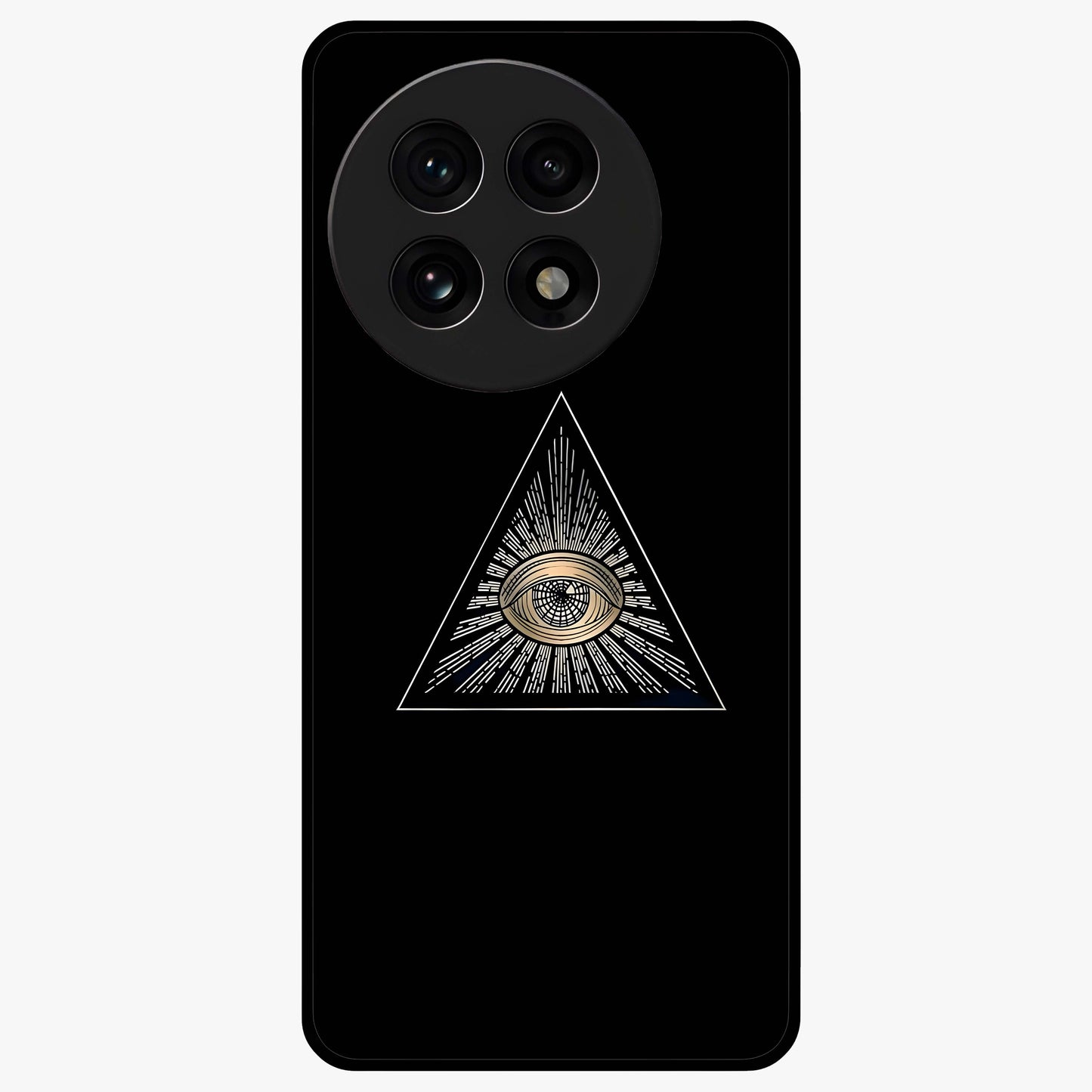 Illuminati Evil Glass Case for 1+13R showing full back design in clean flat view with bold symbolic artwork and glossy glass finish.