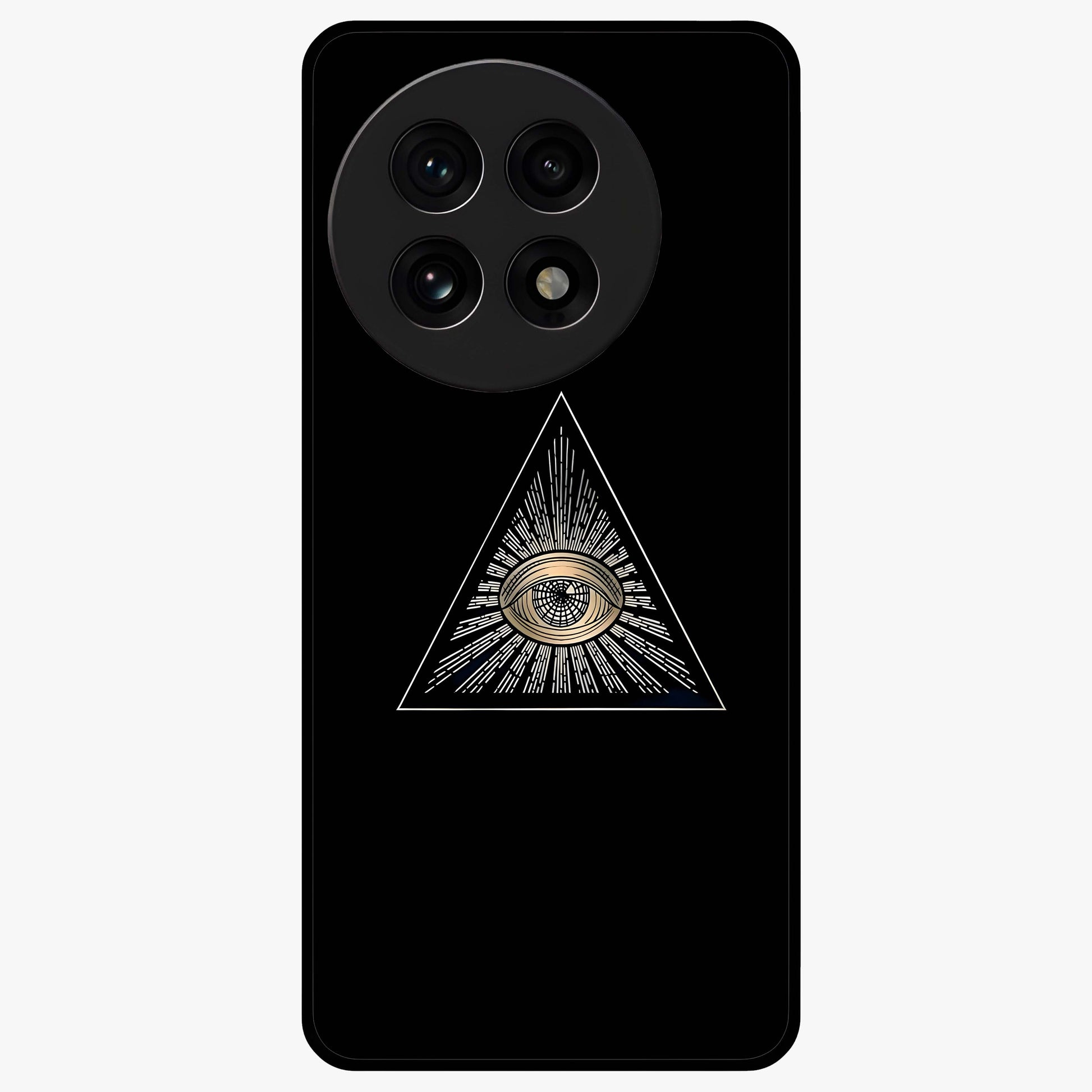 Illuminati Evil Glass Case for 1+13R showing full back design in clean flat view with bold symbolic artwork and glossy glass finish.
