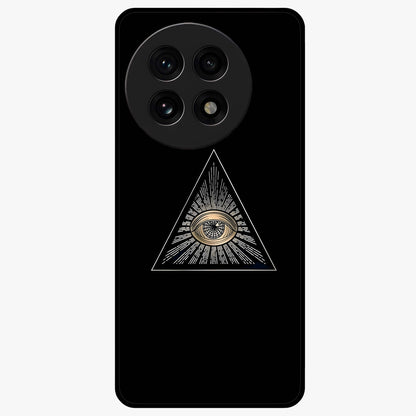 Illuminati Evil Glass Case for 1+13R showing full back design in clean flat view with bold symbolic artwork and glossy glass finish.