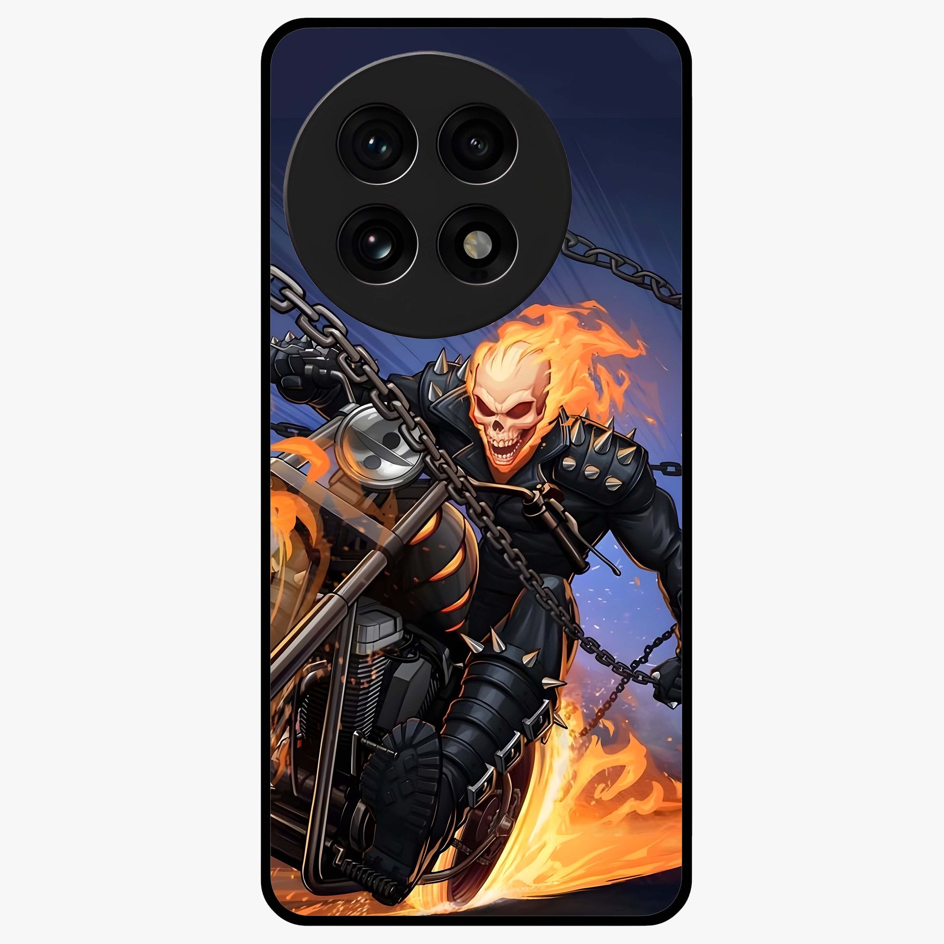 Inferno Chain Rider Glass Case for 1+13R showing full back design in clean flat view with fiery chain rider artwork and glossy glass finish.