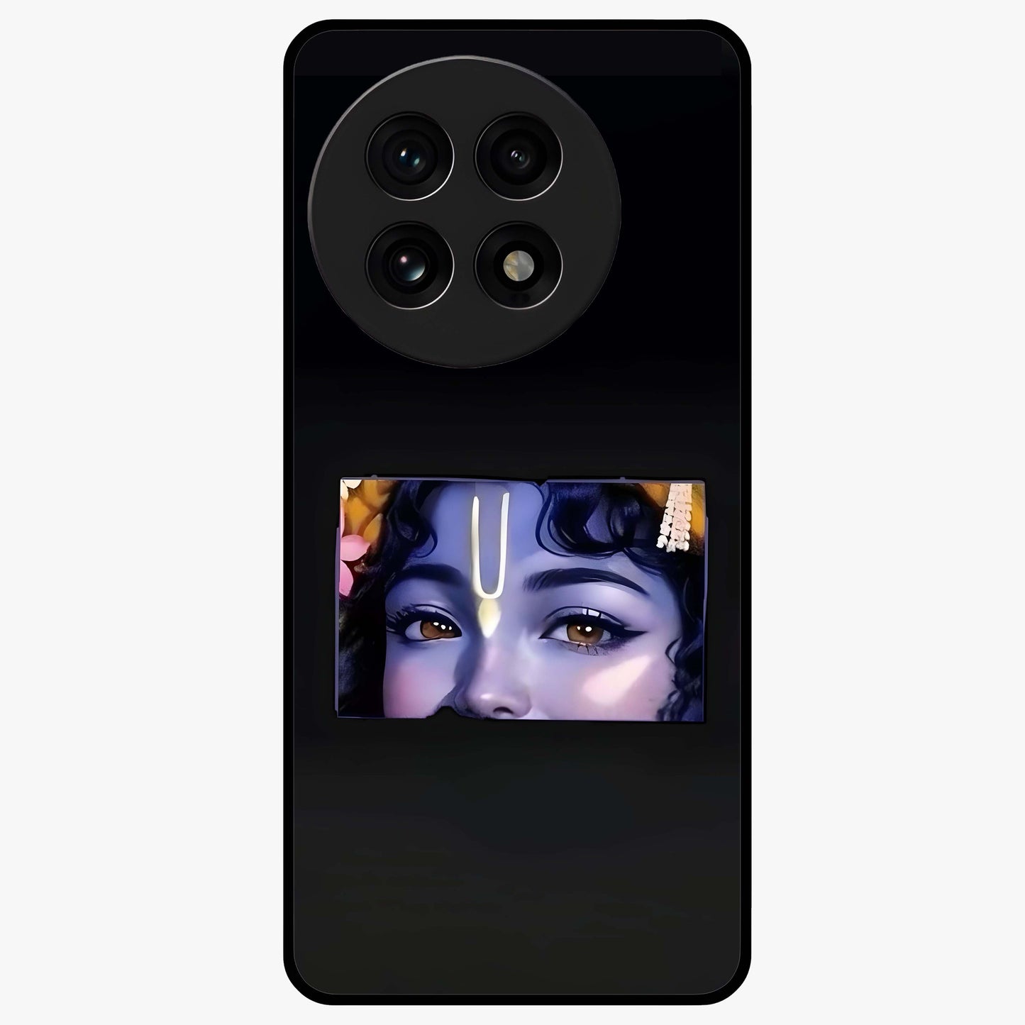 Krishna Divine Embrace Glass Case for 1+13R serene front view featuring devotional Krishna inspired artwork