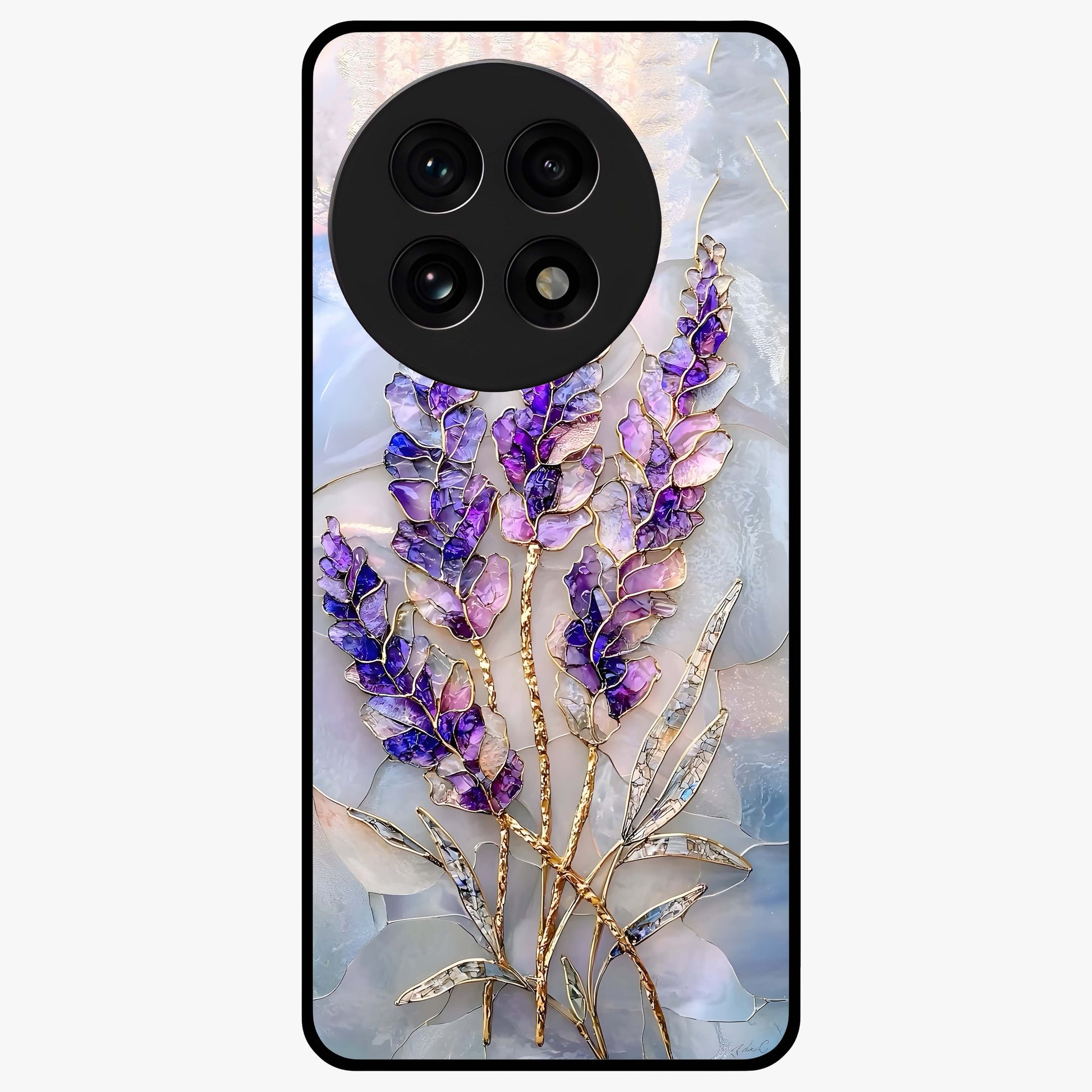 Lavender Dream Glow Glass Case for 1+13R radiant front view featuring glowing lavender inspired artwork