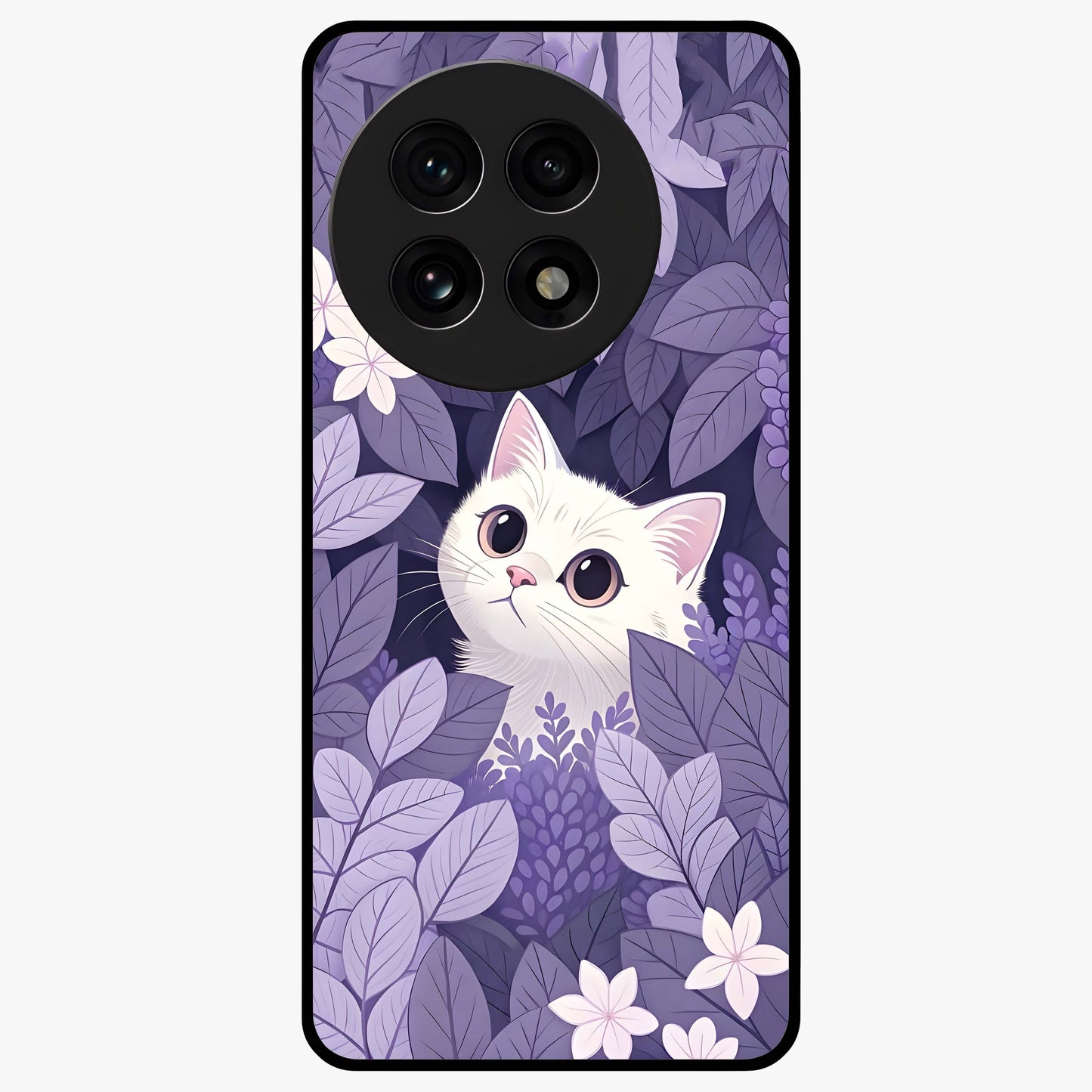 Lilac Hide Peek Cat Glass Case for 1+13R adorable front view featuring playful cat artwork in lilac tones