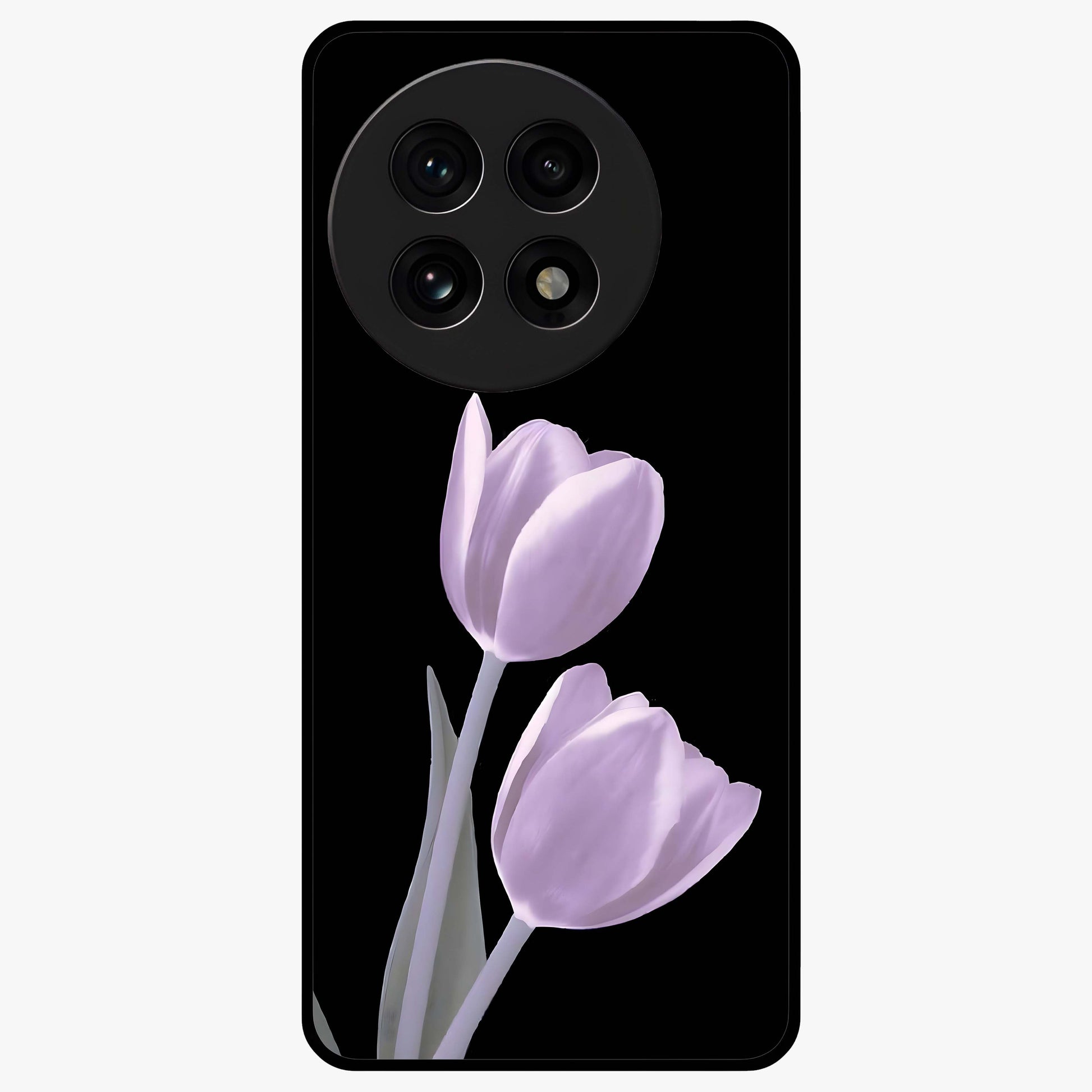 Lilac Tulip Flowers Glass Case for 1+13R elegant front view featuring tulip floral artwork in soft lilac tones