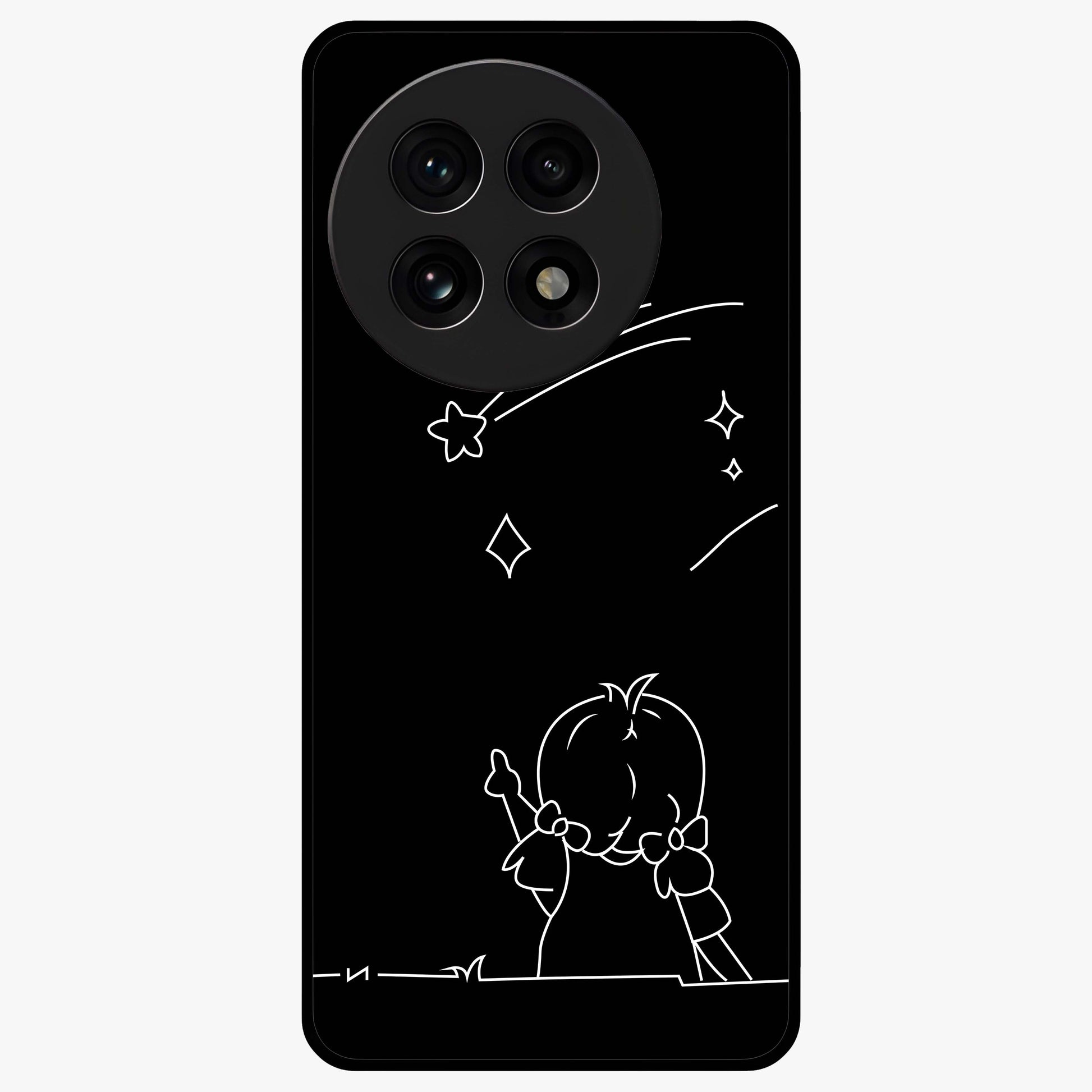 Line Art Girl With Shooting Stars Glass Case for 1+13R elegant front view featuring minimal line art character with shooting stars