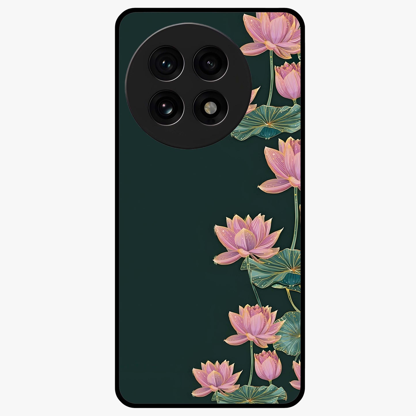 Lotus Bloom Serenity Glass Case for 1+13R peaceful front view featuring elegant lotus floral artwork
