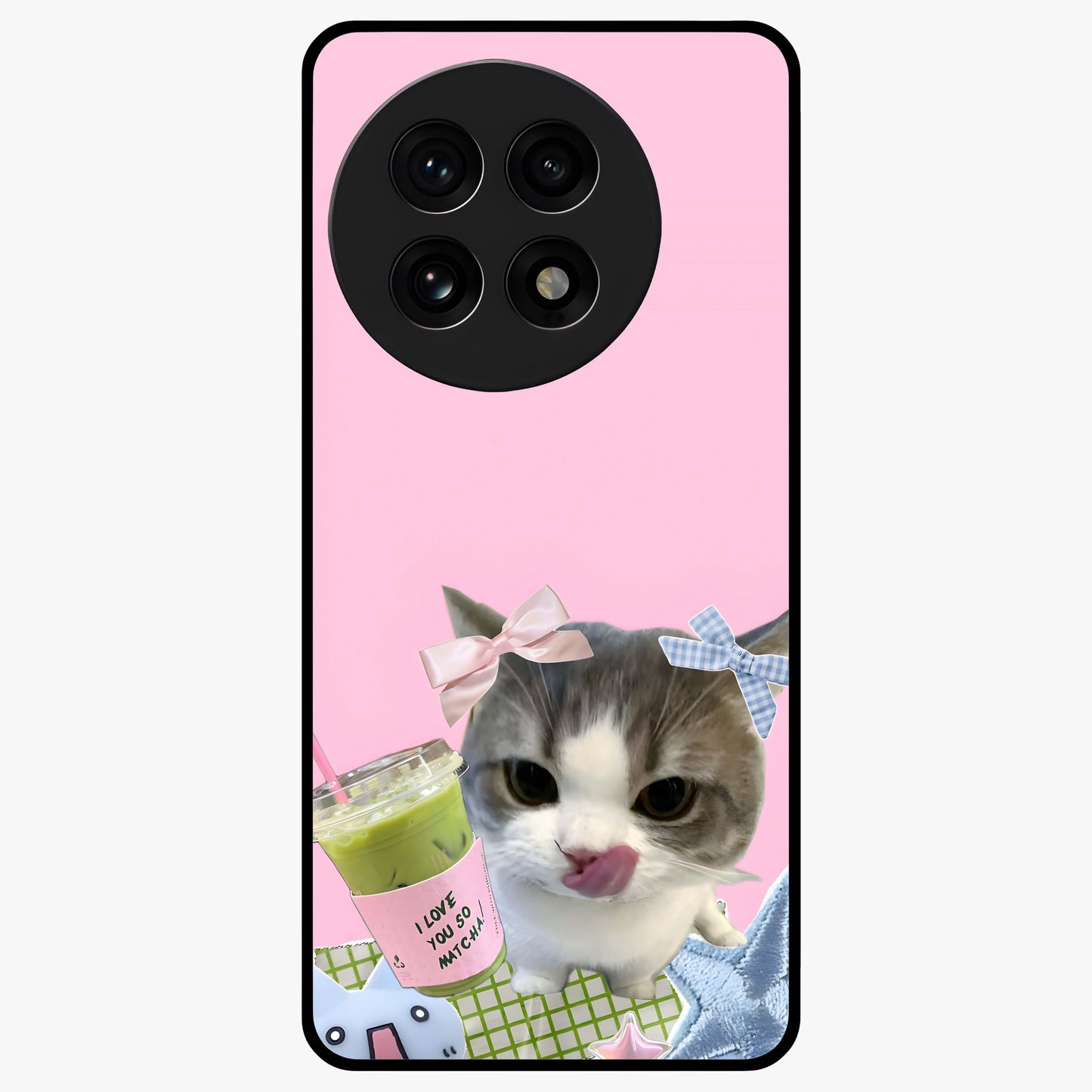 Love Matcha Cat Glass Case for 1+13R adorable front view featuring cute cat artwork with matcha theme