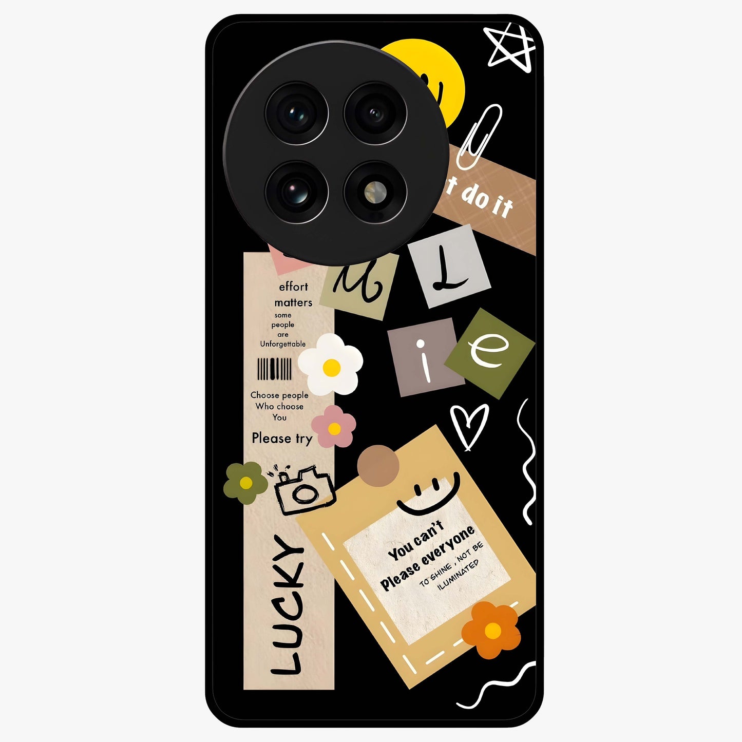 Lucky Aesthetic Collage Case Glass Case for 1+13R vibrant front view featuring layered aesthetic collage artwork