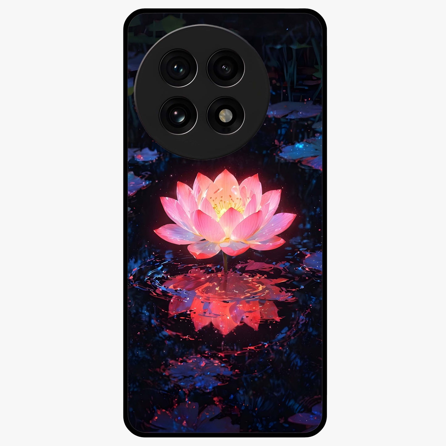 Luminous Lotus Glow Glass Case for 1+13R radiant front view featuring glowing lotus artwork