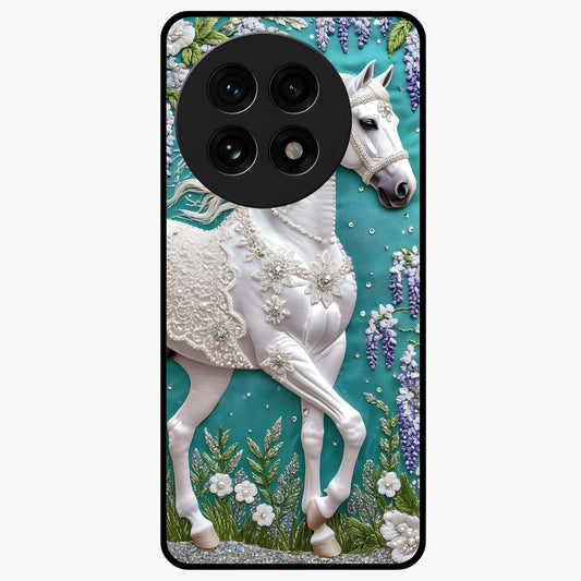 Majestic Floral Stallion Glass Case for 1+13R powerful front view featuring horse artwork blended with floral detailing