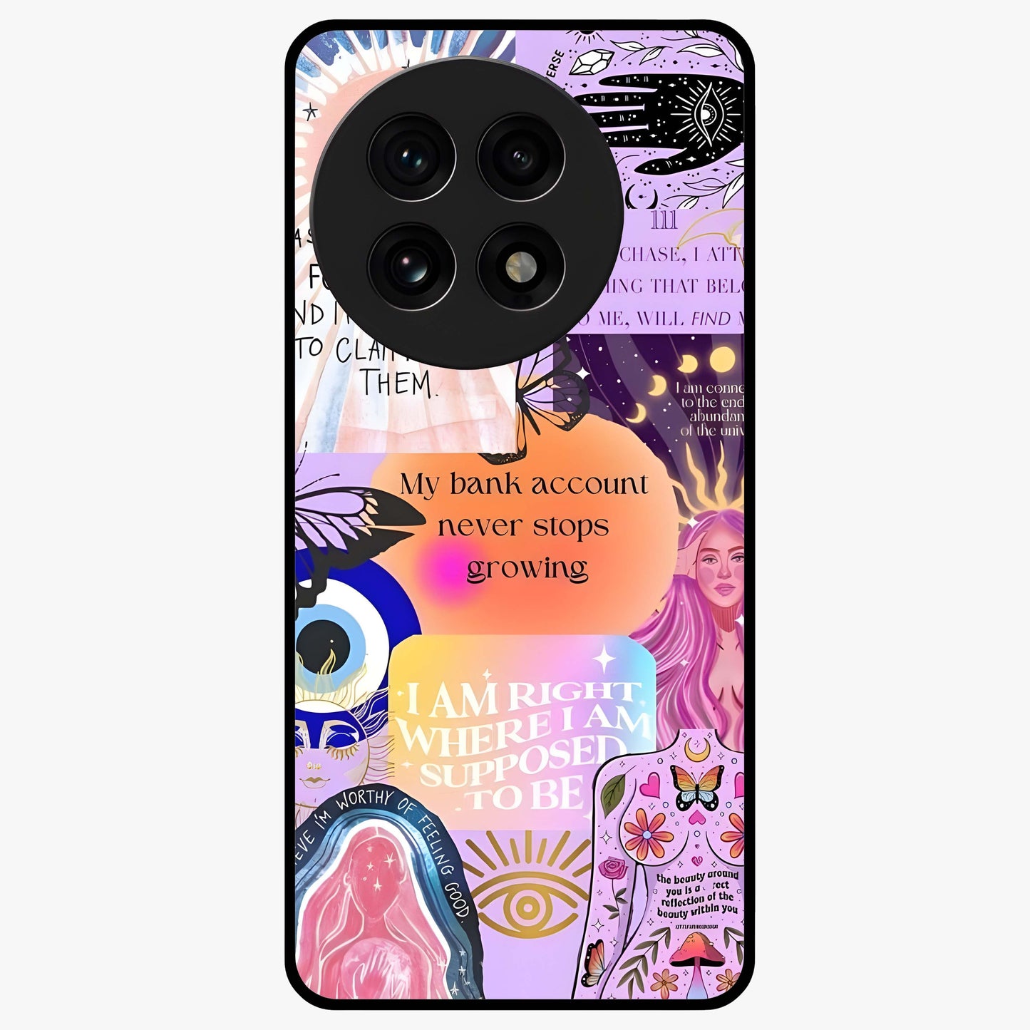 Manifestation Collage Glass Case for 1+13R creative front view featuring aesthetic vision board collage artwork