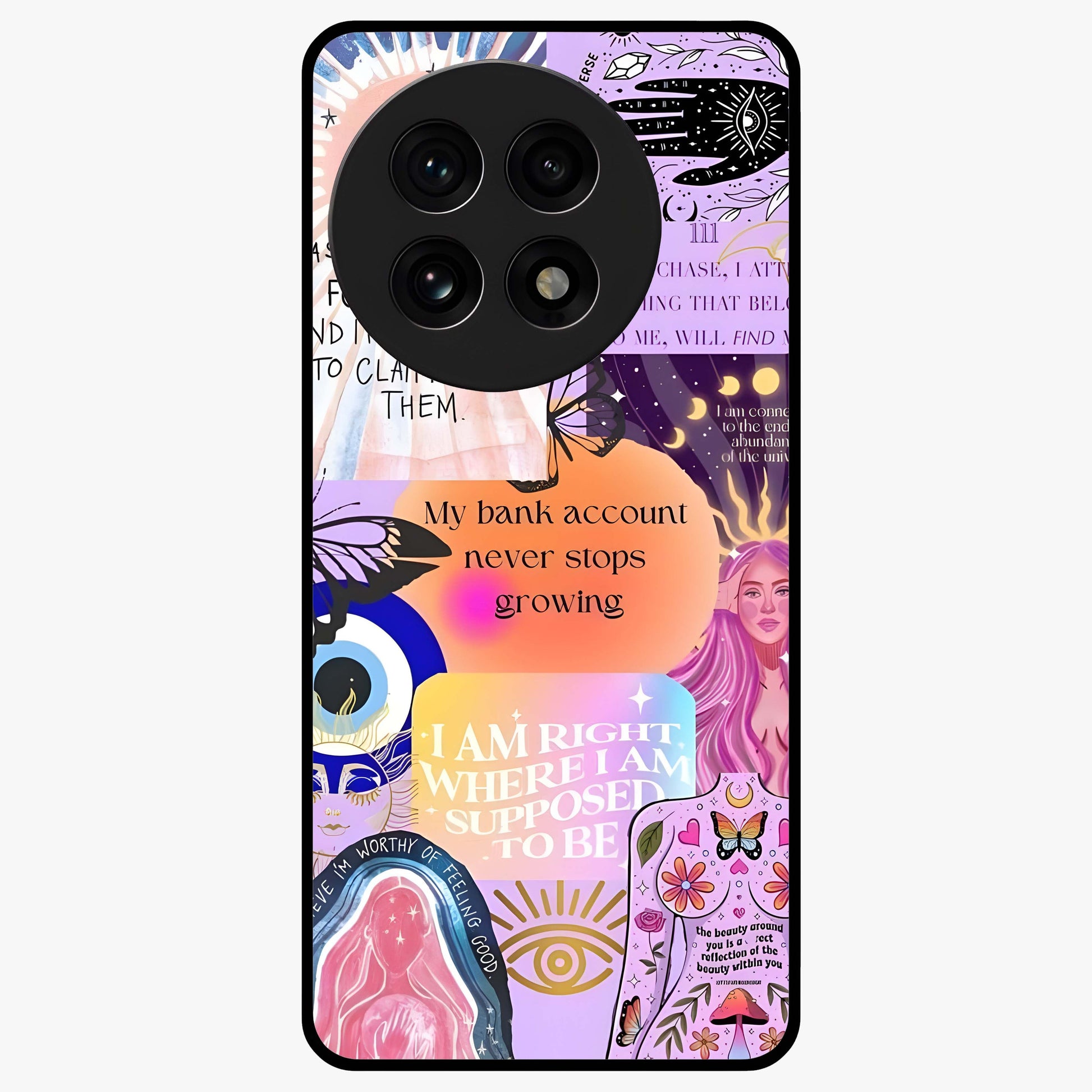 Manifestation Collage Glass Case for 1+13R creative front view featuring aesthetic vision board collage artwork