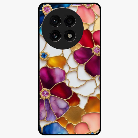 Marble Flower Pattern Glass Case for 1+13R stylish front view featuring floral artwork blended with marble texture