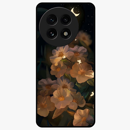 Midnight Bloom Trail Glass Case for 1+13R artistic front view featuring flowing floral trail artwork in dark tones