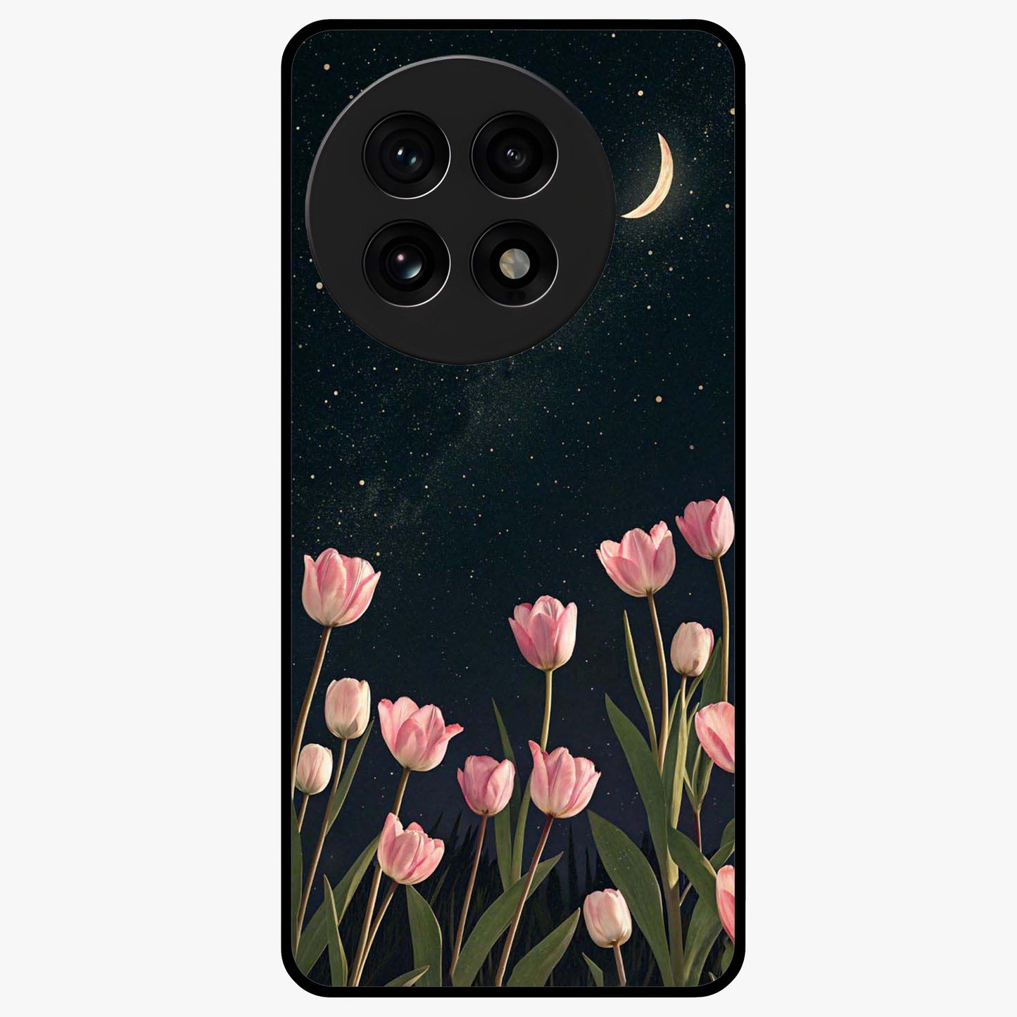 Midnight Tulip Whispers Vibe Glass Case for 1+13R elegant front view featuring tulip floral artwork on dark background