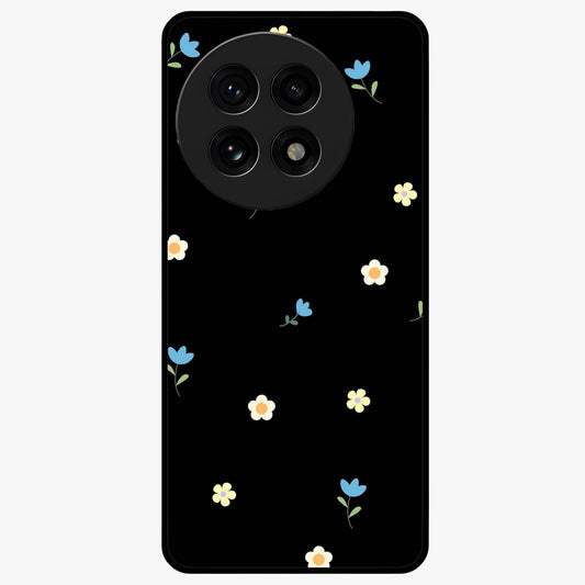 Minimalistic Blue With White Flower Pattern Glass Case for 1+13R fresh front view featuring white floral artwork on blue background
