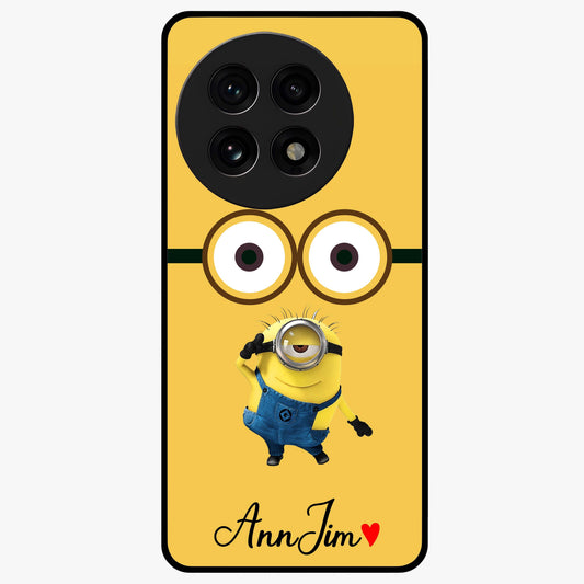 Minion Custom Name Glass Case for 1+13R playful front view featuring cartoon inspired artwork with personalized name design