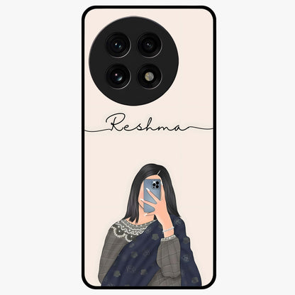 Mirror Mood Muse With Custom Name Glass Case for 1+13R stylish front view featuring aesthetic artwork with personalized name detail