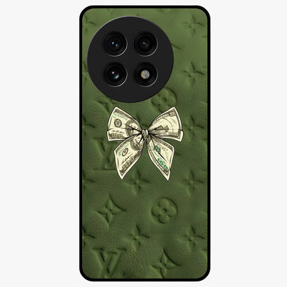 Money Bow Lv Glass Case for 1+13R luxury inspired front view featuring bold fashion themed artwork