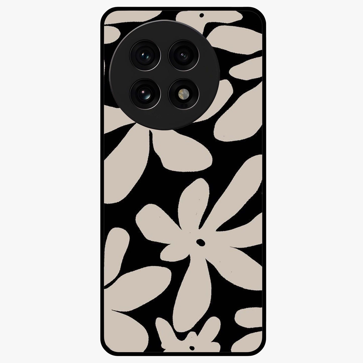 Monochrome Petal Dance Glass Case for 1+13R artistic front view featuring black and white floral artwork