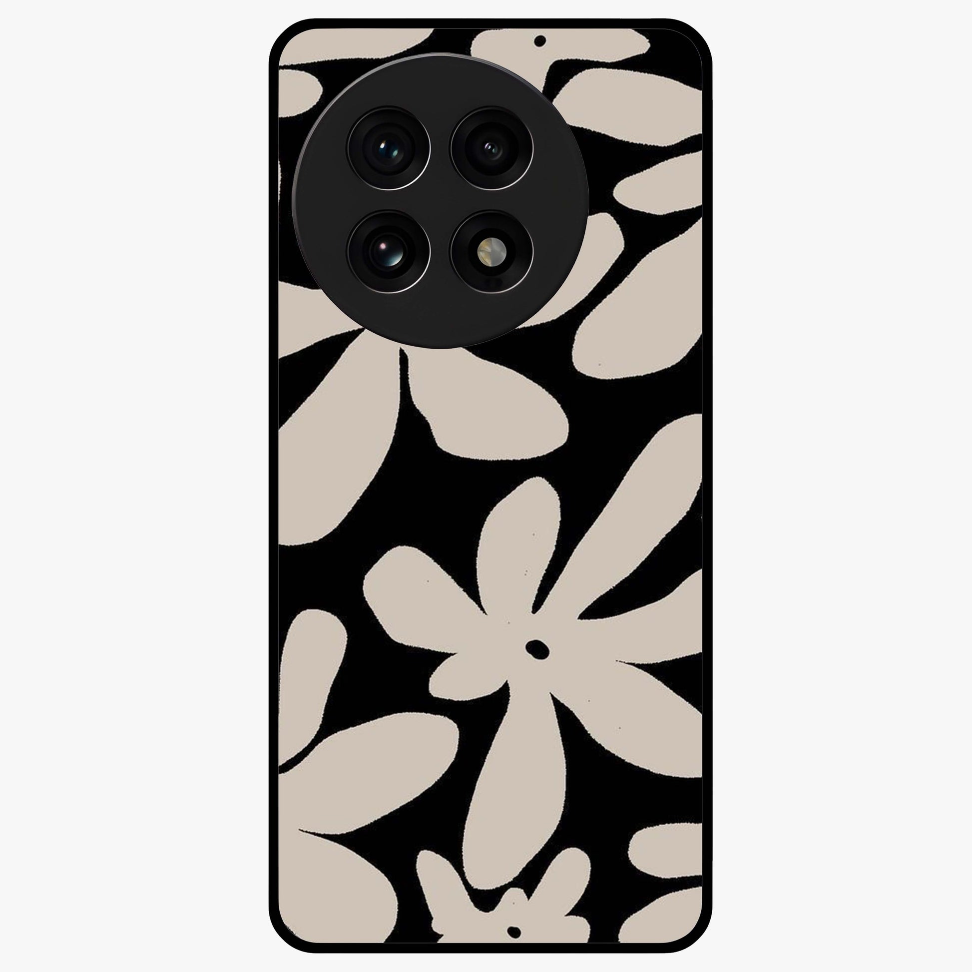 Monochrome Petal Dance Glass Case for 1+13R artistic front view featuring black and white floral artwork