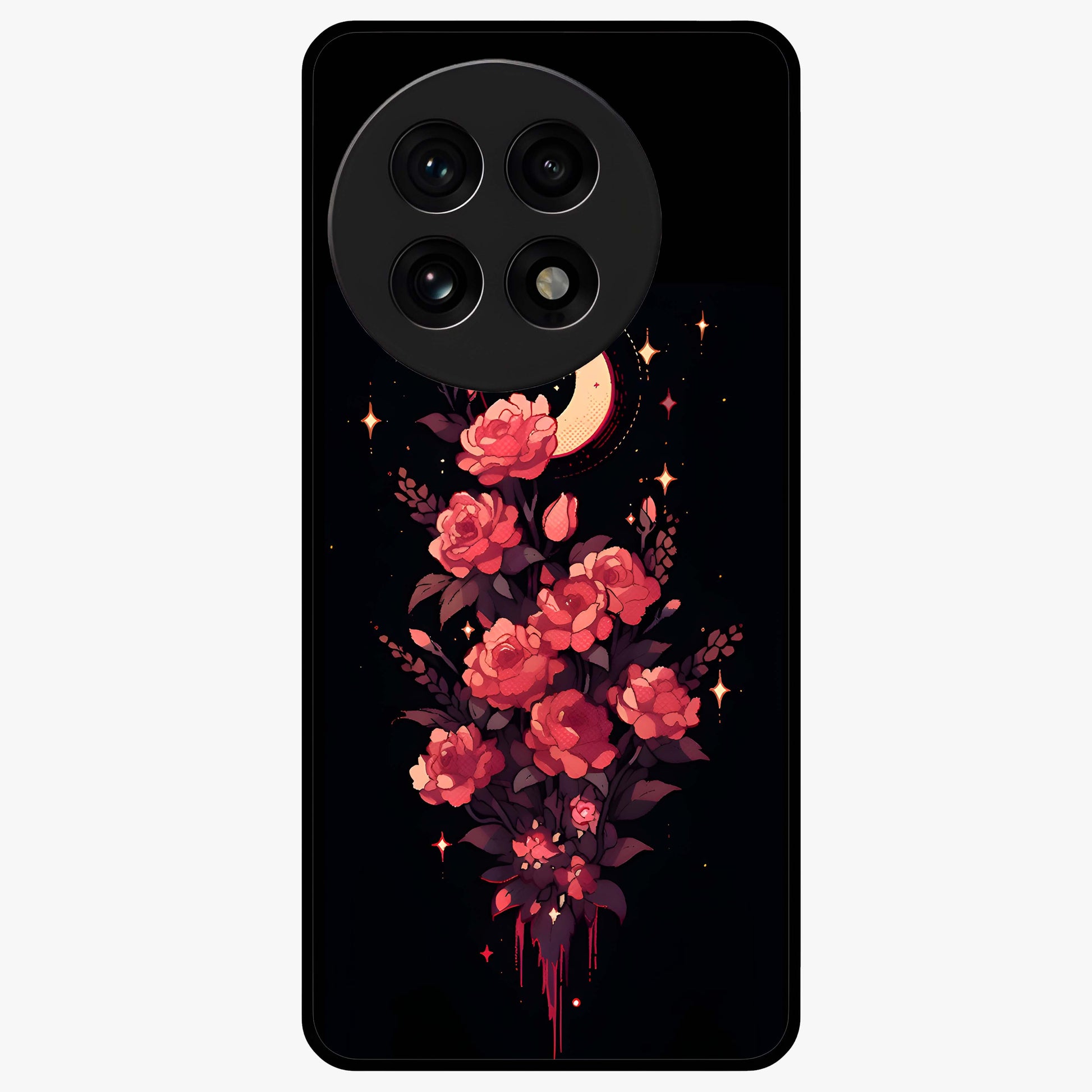 Moonlit Floral Elegance Glass Case for 1+13R graceful front view featuring sophisticated floral artwork on dark backdrop