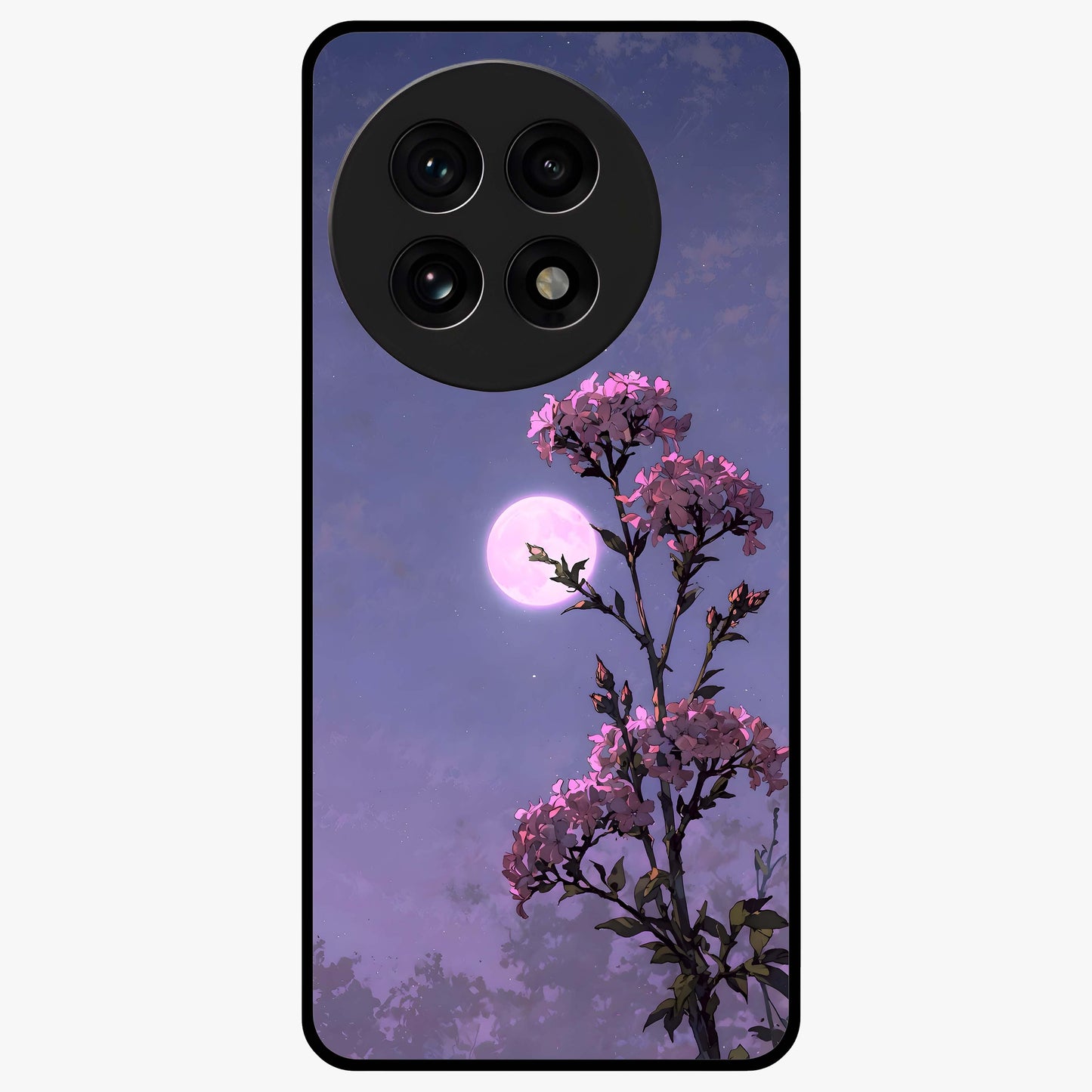 Moonlit Petal Night Glass Case for 1+13R elegant front view featuring floral artwork glowing in night tones