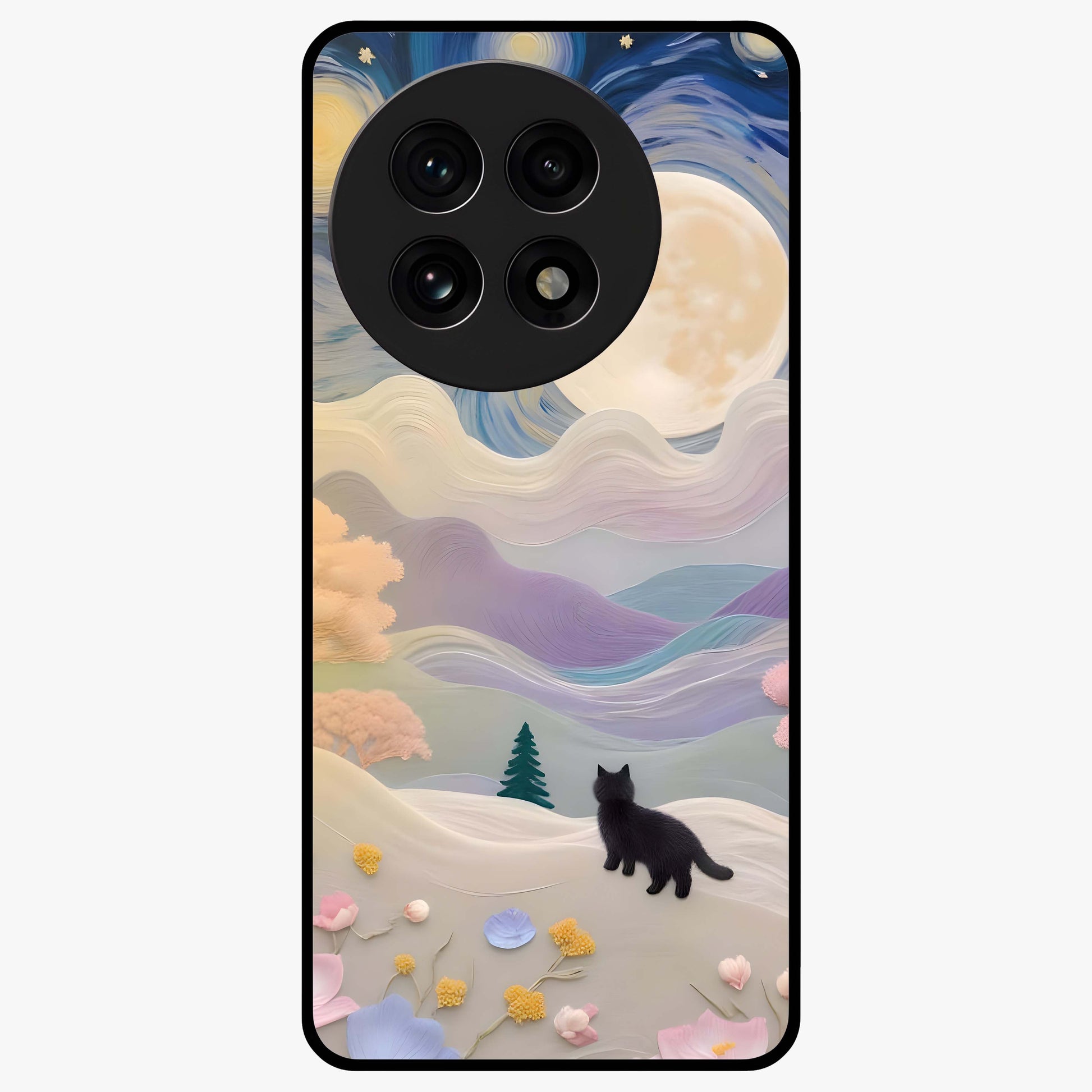 Moonlit Petal Path Glass Case for 1+13R artistic front view featuring floral pathway artwork under soft moonlight