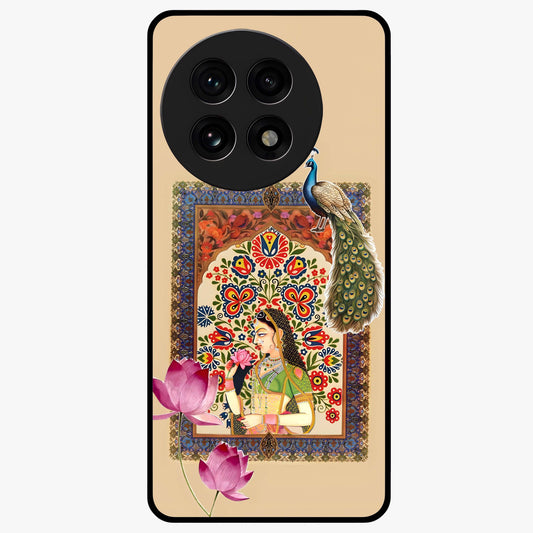Mughal Princess and Peacock Glass Case for 1+13R royal front view featuring intricate princess and peacock artwork