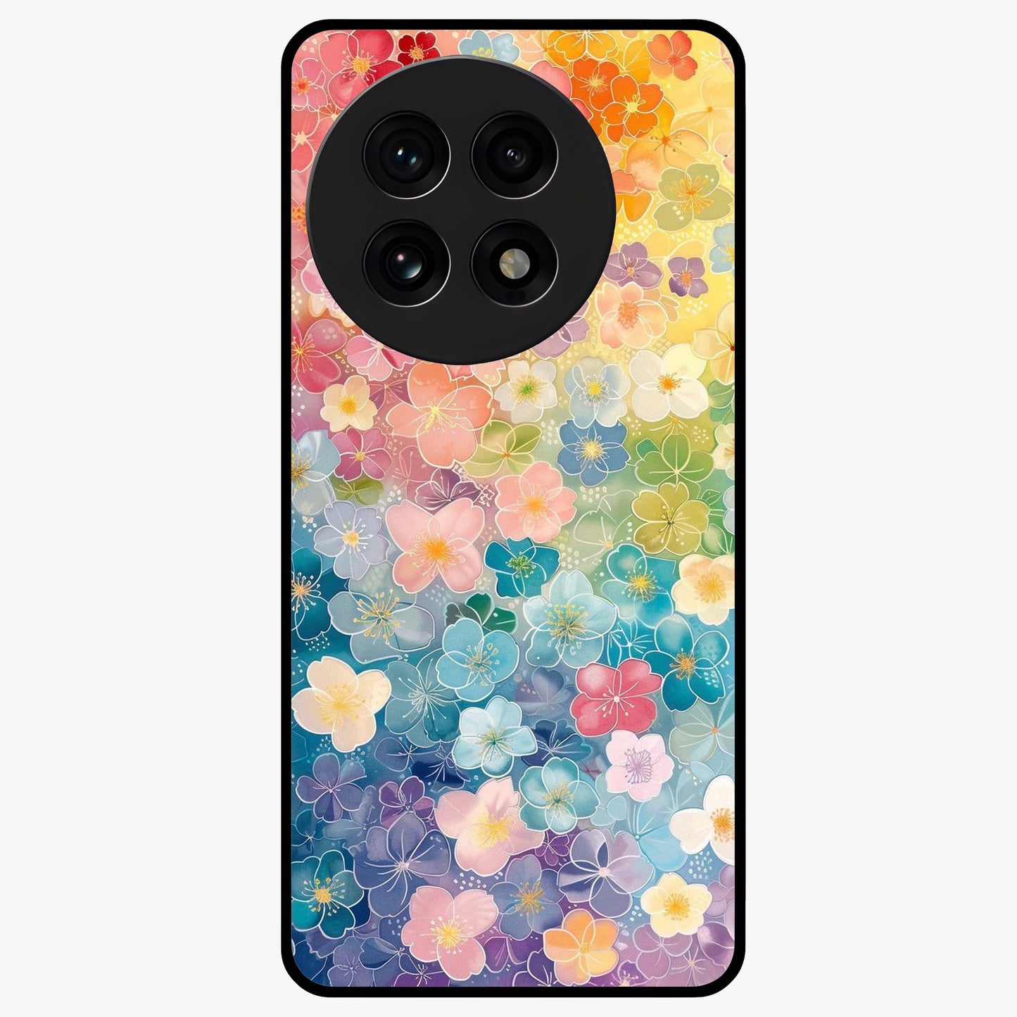 Multiple Background With Flower Glass Case for 1+13R vibrant front view featuring layered floral artwork on mixed backgrounds