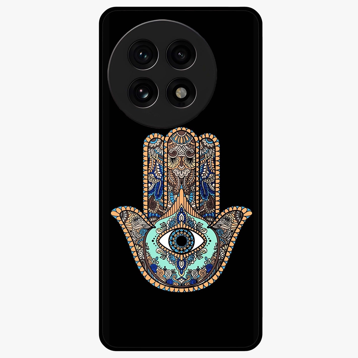 Mystic Hamsa Eye Glass Case for 1+13R symbolic front view featuring traditional hamsa eye artwork