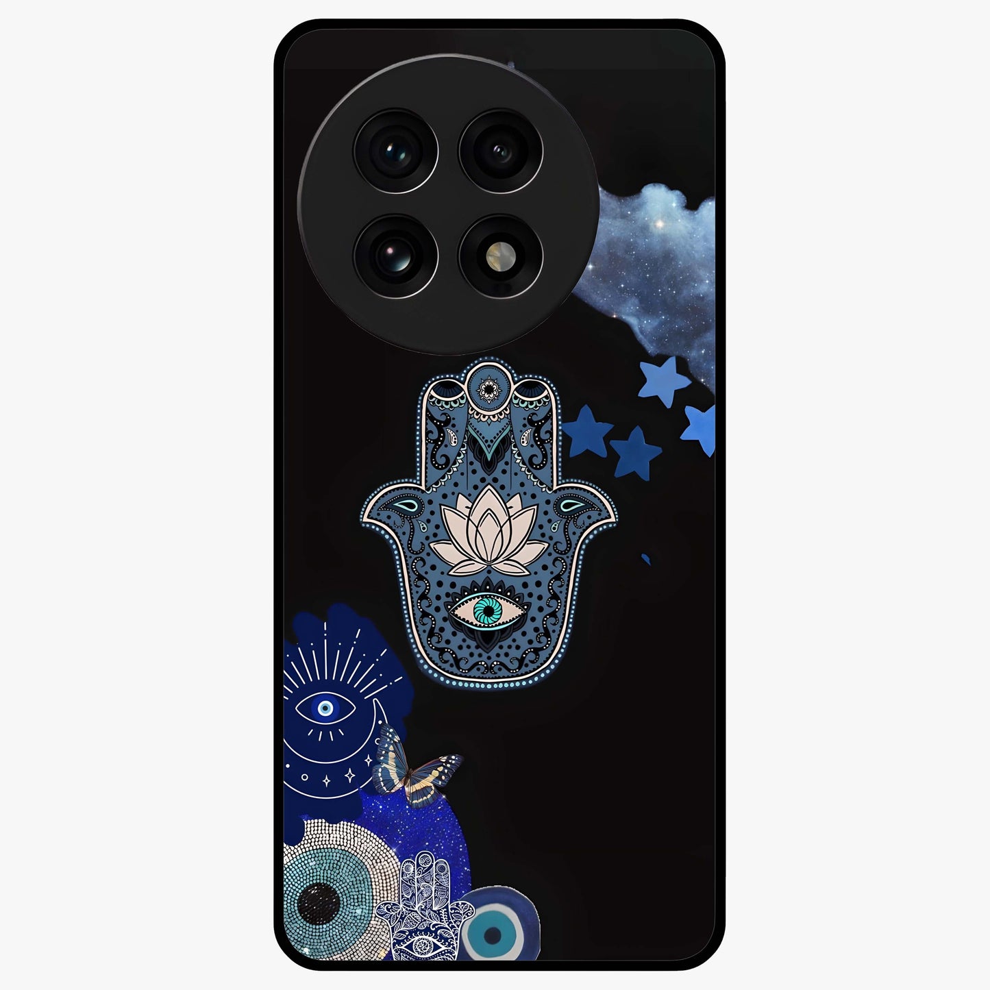 Mystic Hand Aura Glass Case for 1+13R artistic front view featuring hand symbol artwork with glowing aura tones