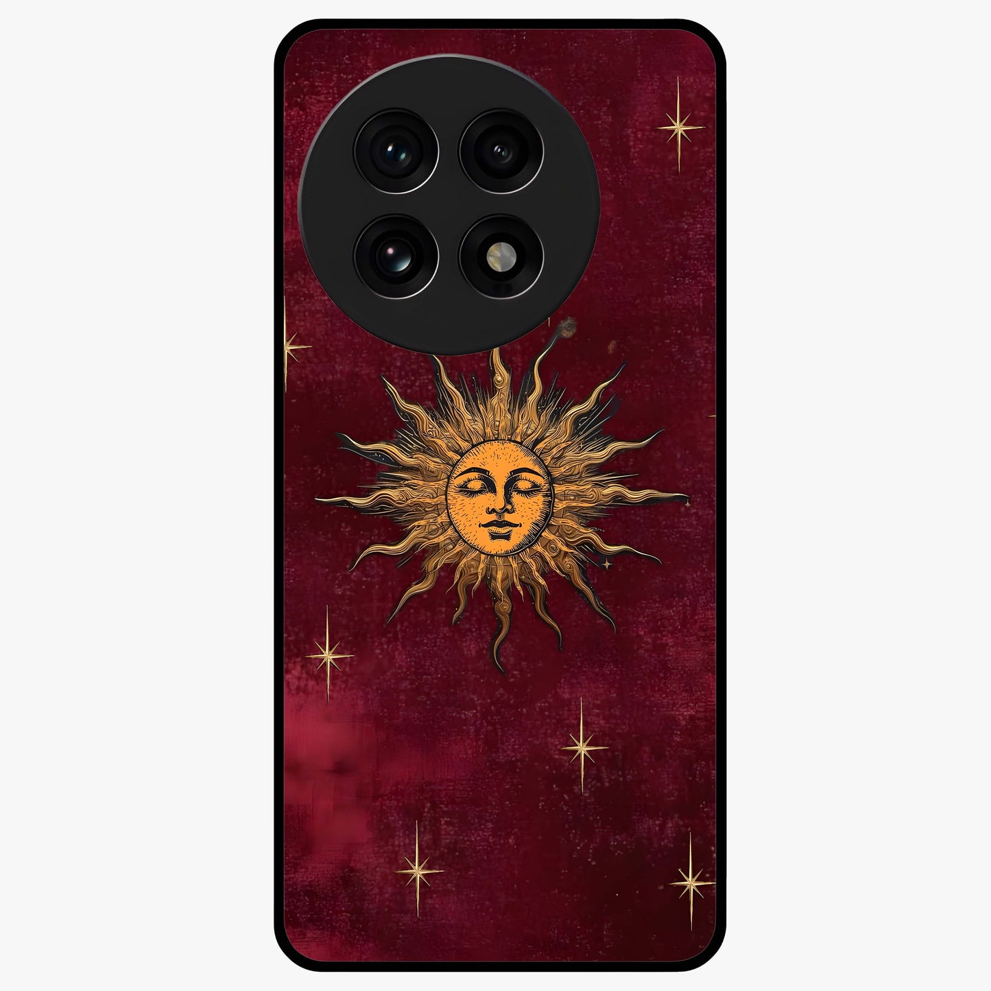 Mystic Solar Glow Glass Case for 1+13R radiant front view featuring glowing sun inspired mystical artwork